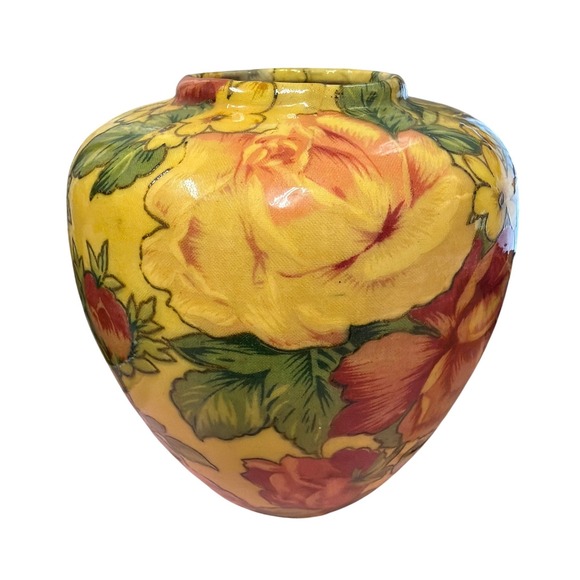 Vintage Mid Century Decoupage Art Pottery Vase Raised Floral Yellow Decor - Picture 2 of 6